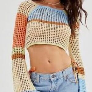 Urban Outfitters Crochet Cropped Bell Sleeve Top